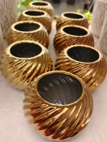 Add a touch of luxury with our imported ceramic pots. This collection features a swirled texture with a shiny gold finish, ideal for decorative indoor plants on a desk or shelf.