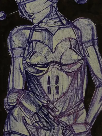 Another view of the cyborg sketch, showing the full figure and pose. These sketches are often the first step toward a more finished painting or digital work.