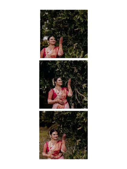 A vertical collage of a bride's portraits, capturing her elegant poses in a natural setting.