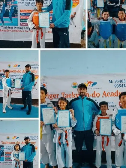 A collage of memories from various belt grading tests and competitions, showing students receiving their certificates and posing with their gear.