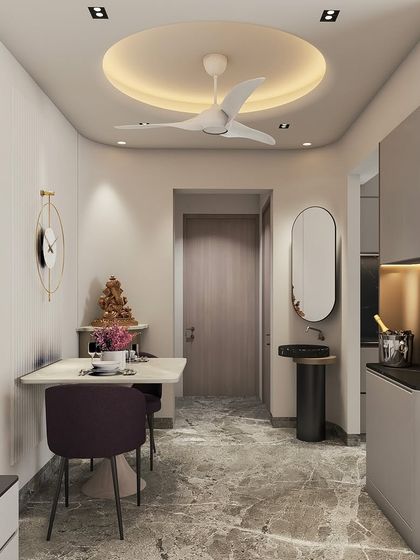 This render for a neo-classic home shows a compact dining area and bar, demonstrating how we apply luxury design principles to spaces of any size.