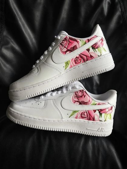 A top-down view of the rosé floral custom sneakers.