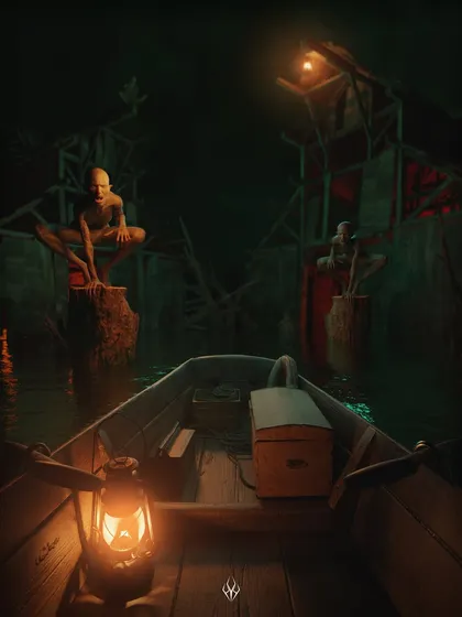 'A Warm Welcome'. This point-of-view shot from a boat approaching a decrepit dock is designed to build suspense. The lurking creatures and dim lighting create the feeling that you are rowing into a trap.