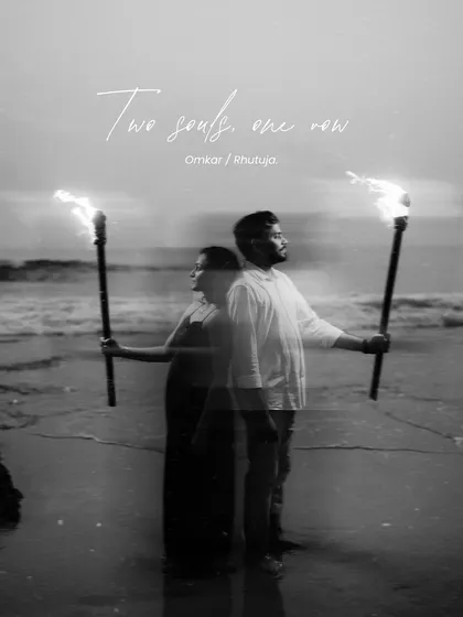 A creative double exposure shot from a pre-wedding session in Goa. This artistic technique blends the couple with the seascape, symbolizing their two souls becoming one.