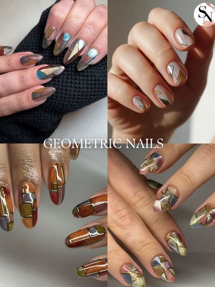 Geometric nails offer a modern and artistic look. This board features designs with clean lines, color blocking, and metallic accents in sophisticated, earthy color palettes.