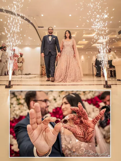 A creative collage showing the couple's grand entrance with sparklers and a close-up of them exchanging rings.