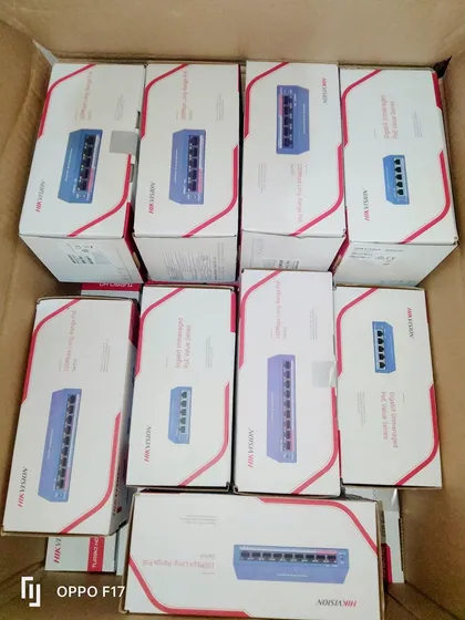 For IP camera installations, a PoE (Power over Ethernet) switch is essential. I have a large stock of Hikvision PoE switches, which deliver both data and power over a single cable, simplifying your setup.