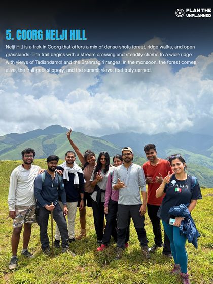 A group of friends on the Coorg Nelji Hill trek, with the Brahmagiri ranges in the background.