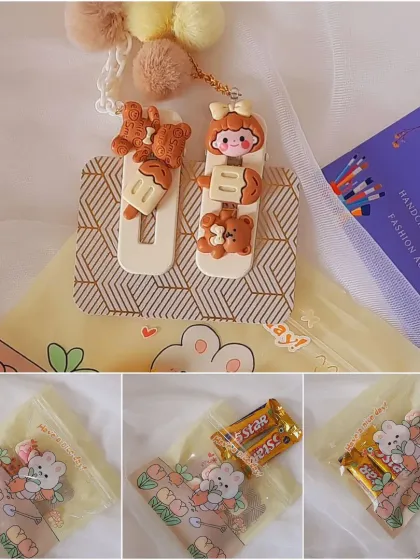 This collage shows the journey of a hair clip order, from the finished product to the final packaged gift. I always include my business card and a small treat with every order.