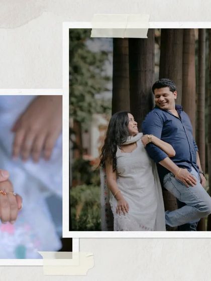 A romantic pre-wedding photo of a couple surrounded by trees. The collage format highlights both the main portrait and the small, intimate details like holding hands.