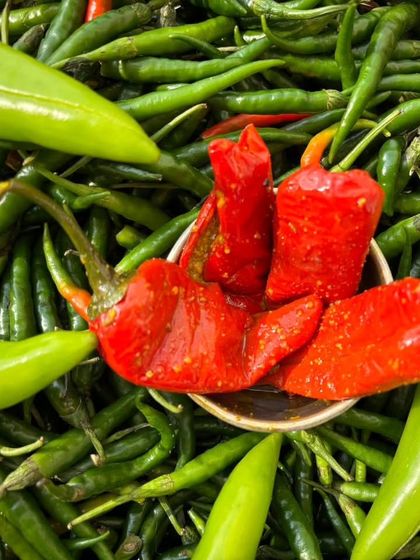 A close-up of my stuffed red chilli pickle, surrounded by a bed of fresh green chillies. The vibrant colours show the freshness and quality of the ingredients I use.