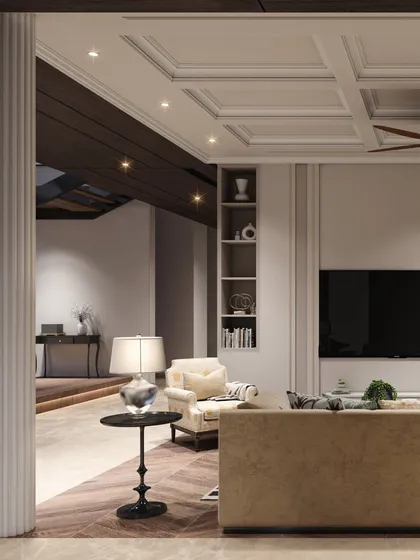 This view of the family lounge shows its connection to a darker, moodier hallway, illustrating my use of contrast between different zones within a home.