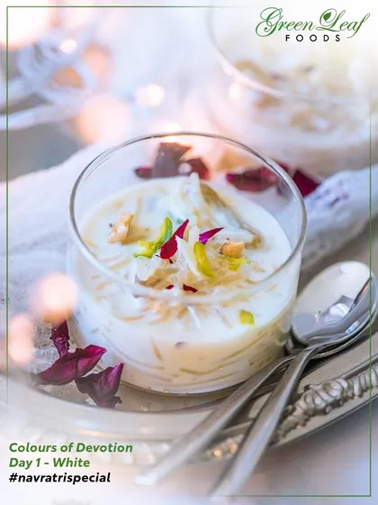 A pure and peaceful dessert for the first day of Navratri. This creamy seviyan kheer is delicately flavored and garnished with pistachios and rose petals, offering a divine start to the festivities.