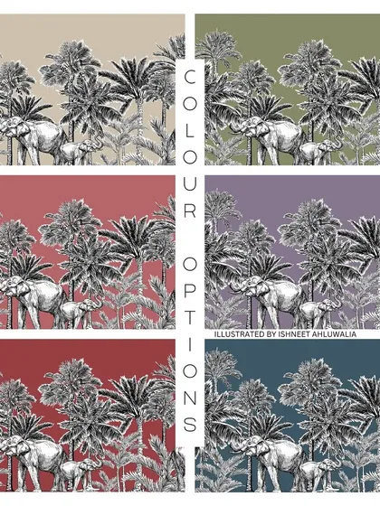 I always offer different colour options for my patterns. Here, you can see how the 'Trunk Tropica' elephant design looks against various background colours, allowing you to customize the print to perfectly match your decor.