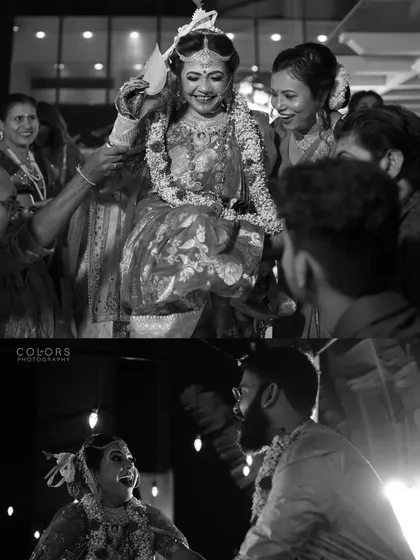 A black and white collage capturing the joy of the bride's entry and the couple's first moments together at the ceremony.