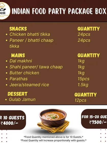Our Indian Food Party Package Box is perfect for house parties. This menu for 10 guests includes snacks like Chicken Bhatti Tikka, mains like Dal Makhni, and Gulab Jamun for dessert.