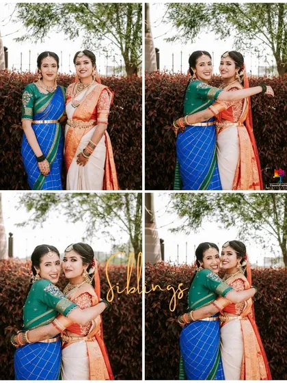 "Siblings." A heartwarming collage of the bride sharing hugs and smiles with her sister. These are the precious family moments that make a wedding day complete.