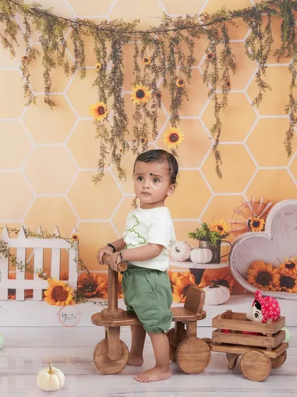 A standing pose with the help of the tricycle, this shot captures a proud moment during his 11-month milestone session.