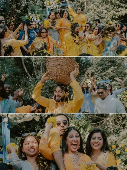 Pure, unfiltered joy. This collage captures the happy faces of friends and family as they celebrate and shower the couple with flowers during the Haldi ceremony.