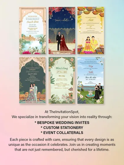 At The Invitation Spot, I specialize in transforming your vision into reality. This graphic showcases the core of what I do: bespoke wedding invites, custom stationery, and event collaterals, all crafted with care to be as unique as you are.