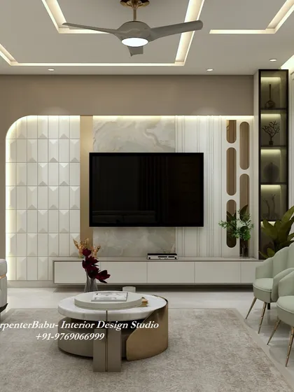 Another angle of the TV unit, highlighting the backlit display shelves and the clean, floating design of the console.