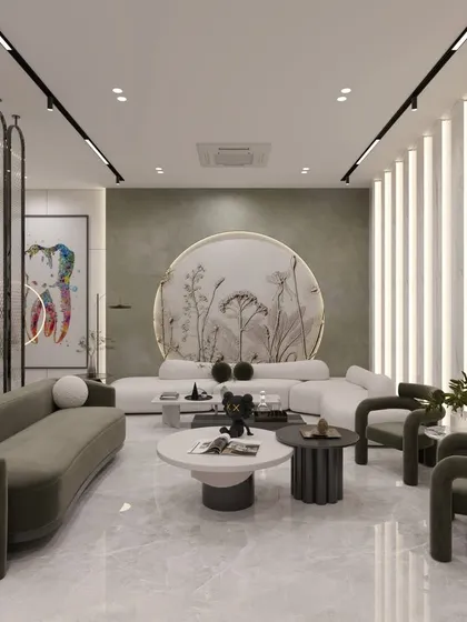 This is the main waiting lounge from my dental clinic concept, designed for ultimate patient comfort. It features a large, curved white sofa, contrasting olive green seating, and a central art piece with botanical illustrations, all set against a backdrop of white marble and textured green walls.
