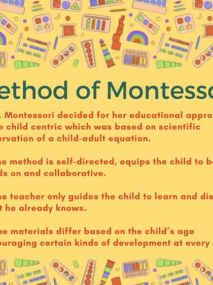 An infographic introducing the founder, Maria Montessori, and the core principles of her child-centric, self-directed, and hands-on educational method.