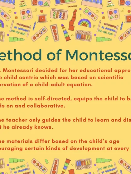 An infographic introducing the founder, Maria Montessori, and the core principles of her child-centric, self-directed, and hands-on educational method.