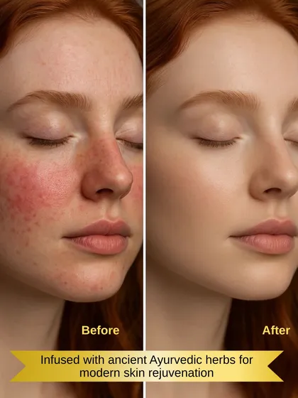 This image shows the rejuvenating power of our Ayurvedic Bamboo Sheet Mask. It is infused with ancient herbs to help calm redness, even out skin tone, and restore a natural, healthy glow.