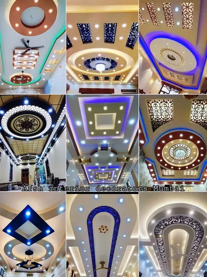 A collection of unique false ceiling designs, showing the endless creative possibilities with POP, lighting, and color.