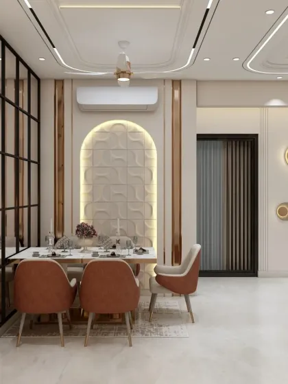 A dining area separated by a sleek black-framed glass partition. The design is modern and industrial, yet the warm lighting and wooden chairs keep it feeling cozy.