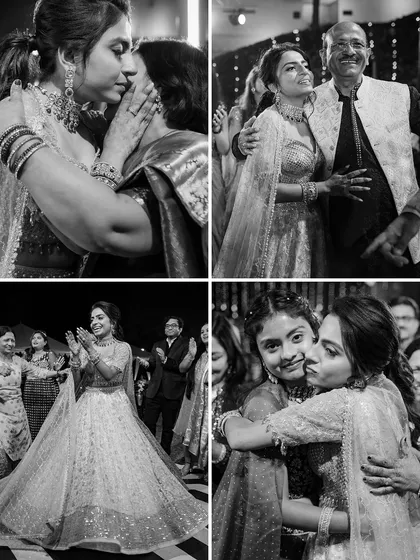 A collage of black and white photos capturing the emotional hugs and kisses between the bride and her family.