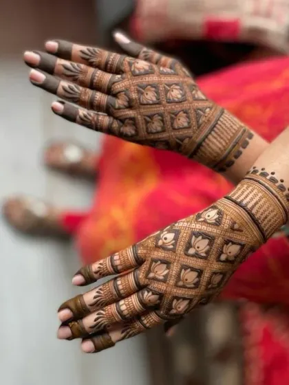 A beautiful example of our jaali (net) pattern mehndi, filled with delicate lotus motifs. This traditional Indian mehndi design is a popular choice for both brides and guests.