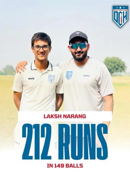 Laksh Narang celebrating his record-shattering double century of 212 runs in just 149 balls. An absolutely masterful batting display.