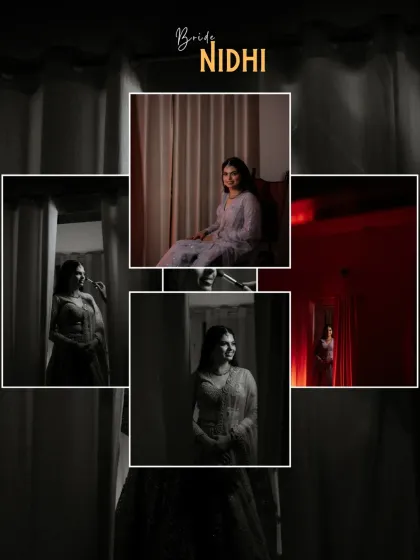 A moody and artistic collage of bridal portraits. The use of shadows, curtains, and dramatic lighting creates a cinematic and high-fashion feel.