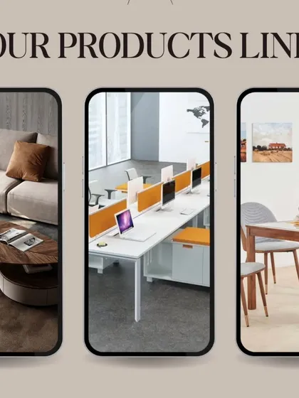 This image summarizes our main product lines: comfortable home furniture, functional office furniture, and complete dining sets.
