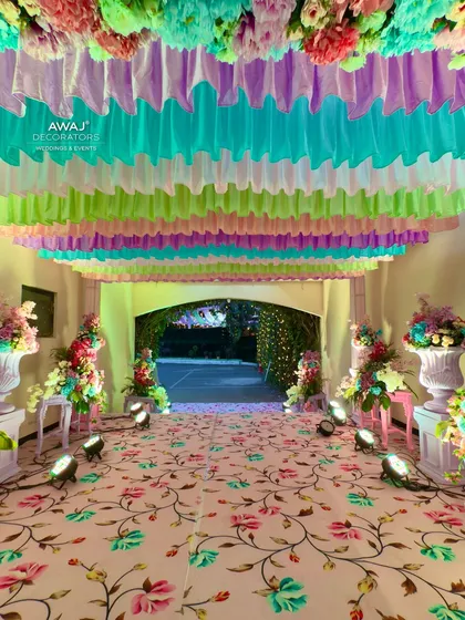 The full view of the pastel walkway, a truly enchanting entrance for a special celebration.