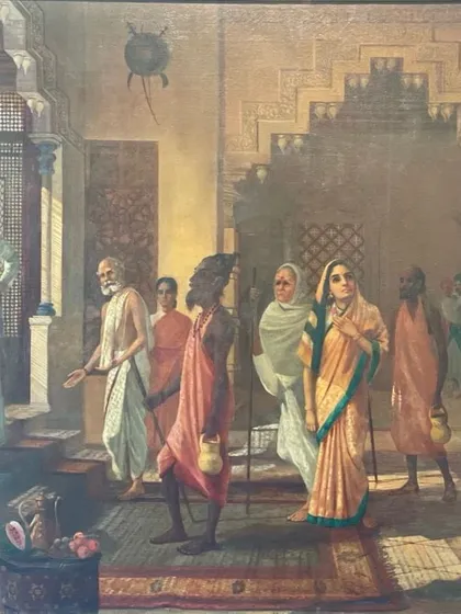 Provenance is paramount. This magnificent painting, ‘Shakuntala in the Court of Dushyanta’, came to us believed to be a work by Raja Ravi Varma. Our research and restoration revealed the signature of his son, Rama Varma, showcasing our commitment to accurate historical attribution.