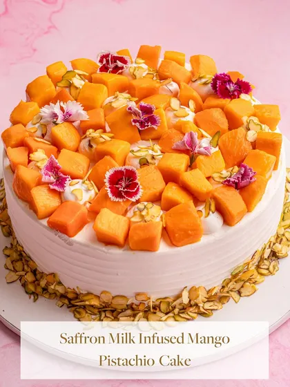 A closer look at my Saffron Milk Infused Mango Pistachio Cake. The combination of fragrant saffron, sweet mango, and nutty pistachio makes this a truly unique and luxurious dessert.