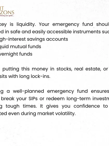 An excerpt from our bulletin explaining where to park an emergency fund. We recommend safe and easily accessible instruments like high-interest savings accounts or liquid mutual funds, and advise against locking this money in stocks or real estate.