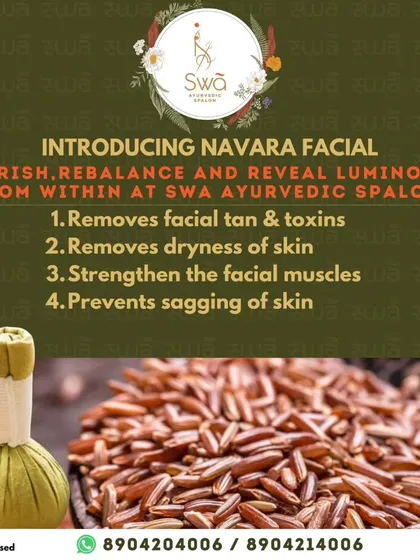 Discover our Navara facial, a traditional treatment using warm potlis filled with medicinal rice. This therapy is designed to nourish the skin, remove toxins and tan, strengthen facial muscles, and prevent sagging.