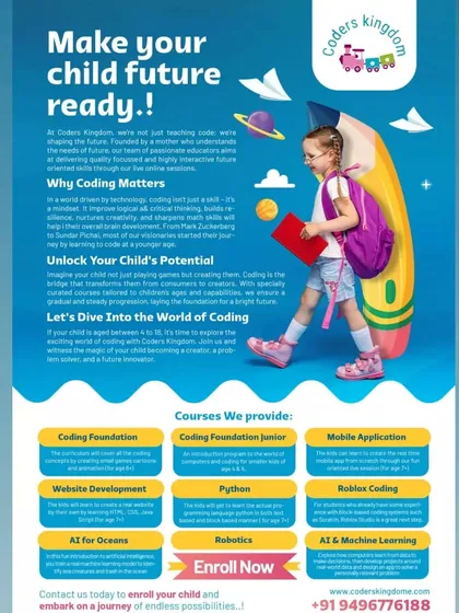 This poster is a snapshot of our core mission: to make your child future ready. It gives a quick overview of the different coding pathways we offer, from foundational courses to advanced topics like AI.