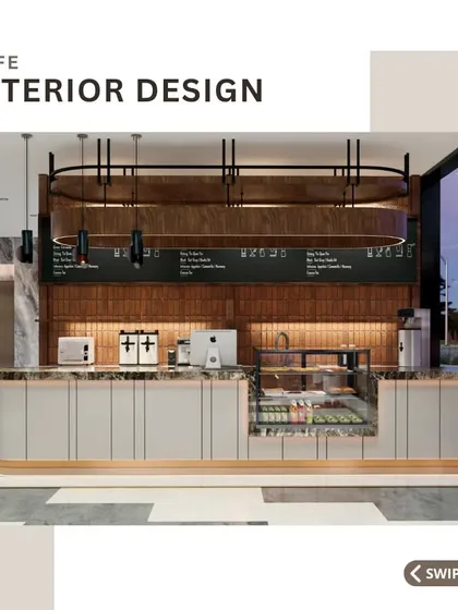 The service counter is the heart of any cafe. This design combines a sleek, minimalist front with a warm wood and marble top for a touch of luxury. The layout is optimized for workflow efficiency, with an integrated refrigerated display for pastries and a clear, easy-to-read menu board above.