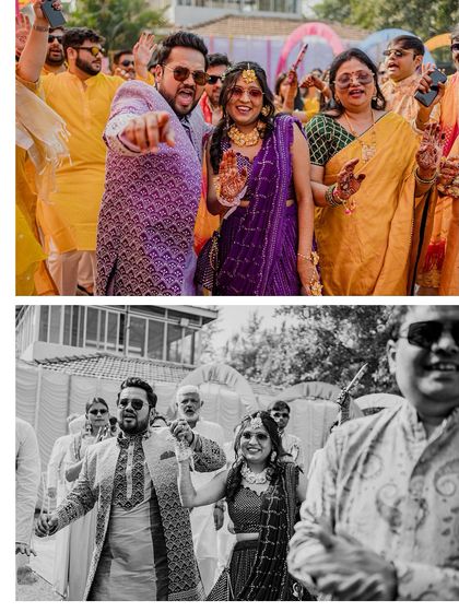 A collage showing the couple's energetic entrance, captured in both colour and timeless black and white.