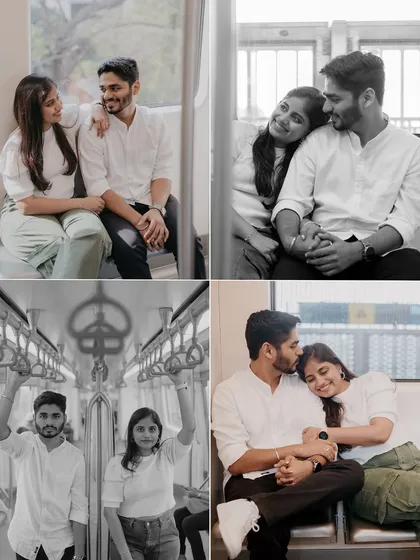 A collection of intimate black and white portraits taken on the Mumbai metro. These images find romance in an everyday setting, showcasing the couple's close bond amidst the public space.