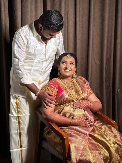 Another happy portrait from Raji's Valaikaappu function. Her traditional attire and glowing makeup perfectly capture the joy of the occasion.