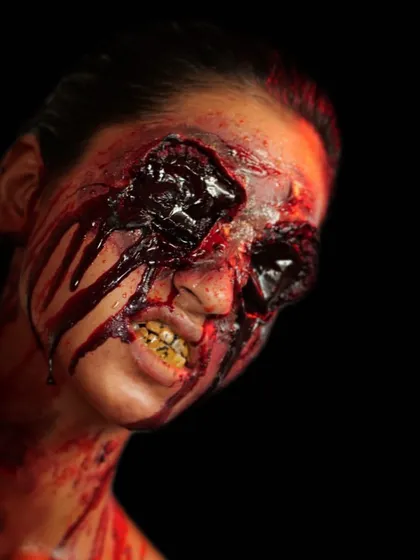 Another angle of the missing eye SFX, showcasing the texture and dimension of the prosthetic and blood effects.