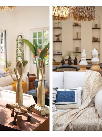 Our design process for a holiday home starts with a mood board to build a dream. These images show the curated details, from wooden hand sculptures to a model airplane and ceramic vases, that come together to create a cohesive and soulful interior.