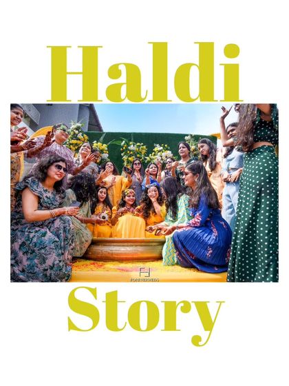 The Haldi Story. This image captures the bride surrounded by her friends and family, a quintessential moment of joy and community during the Haldi ceremony.