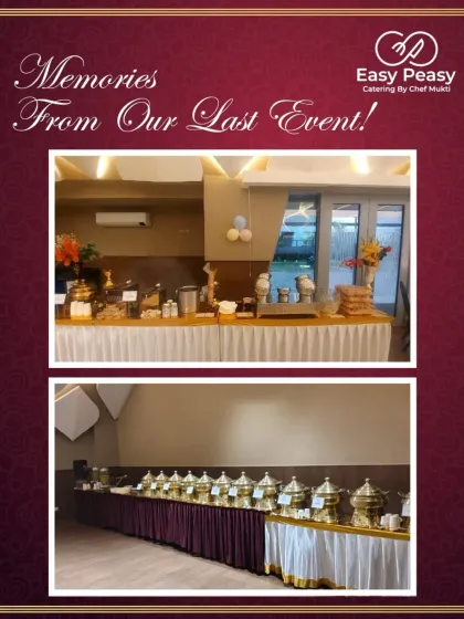 A collage showcasing different angles of our catering setup for a private event. We ensure every part of the dining area, from the main course to the dessert table, is perfectly arranged.